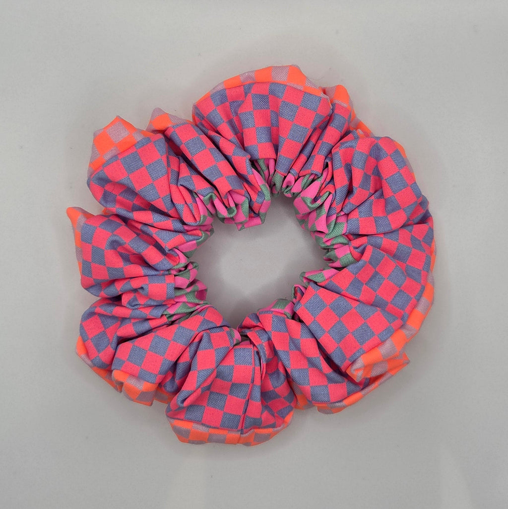 Triple Check 1 - Orange Pink and Blue Contrast Scrunchie