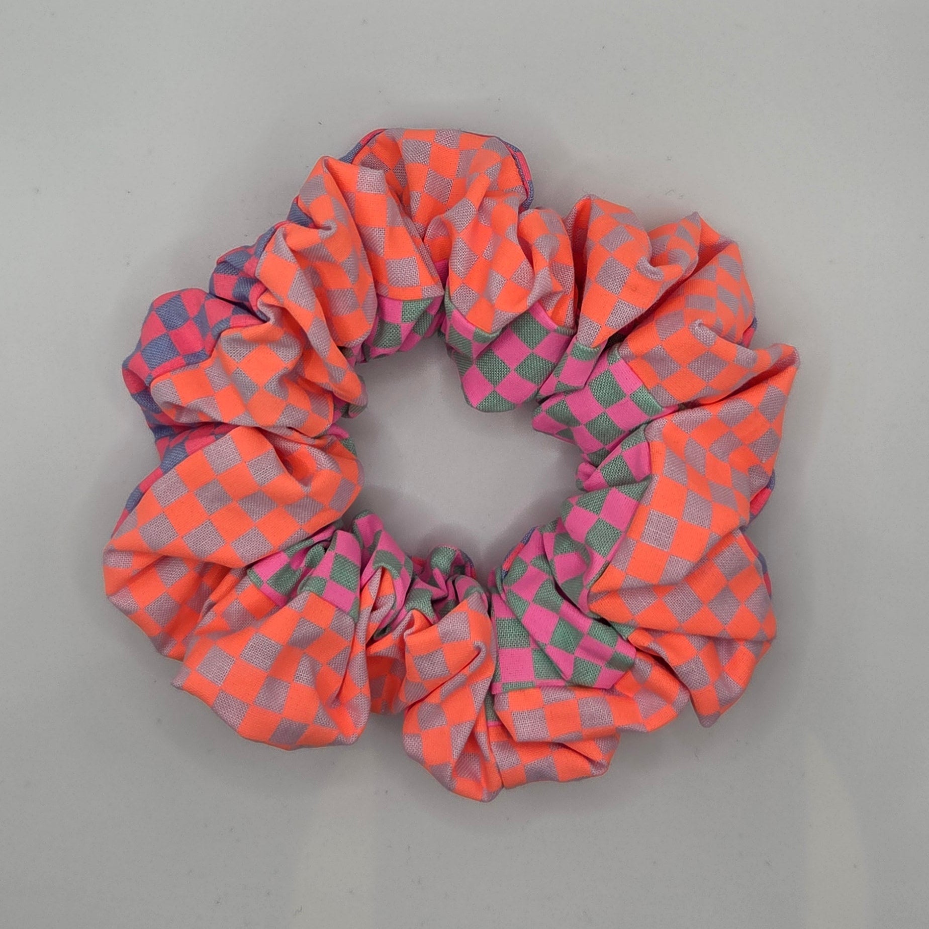 Triple Check 1 - Orange Pink and Blue Contrast Scrunchie
