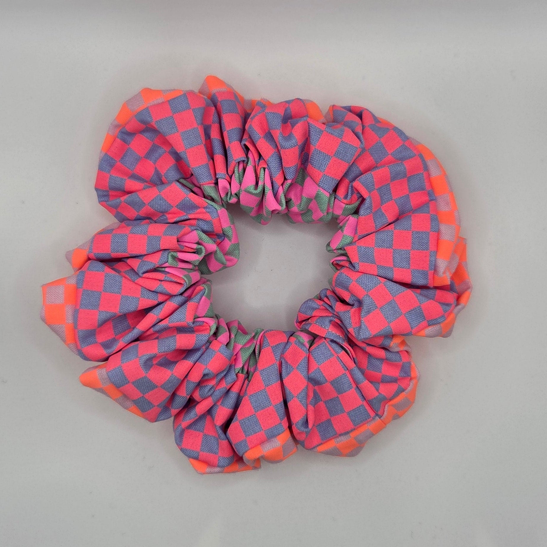 Triple Check 1 - Orange Pink and Blue Contrast Scrunchie