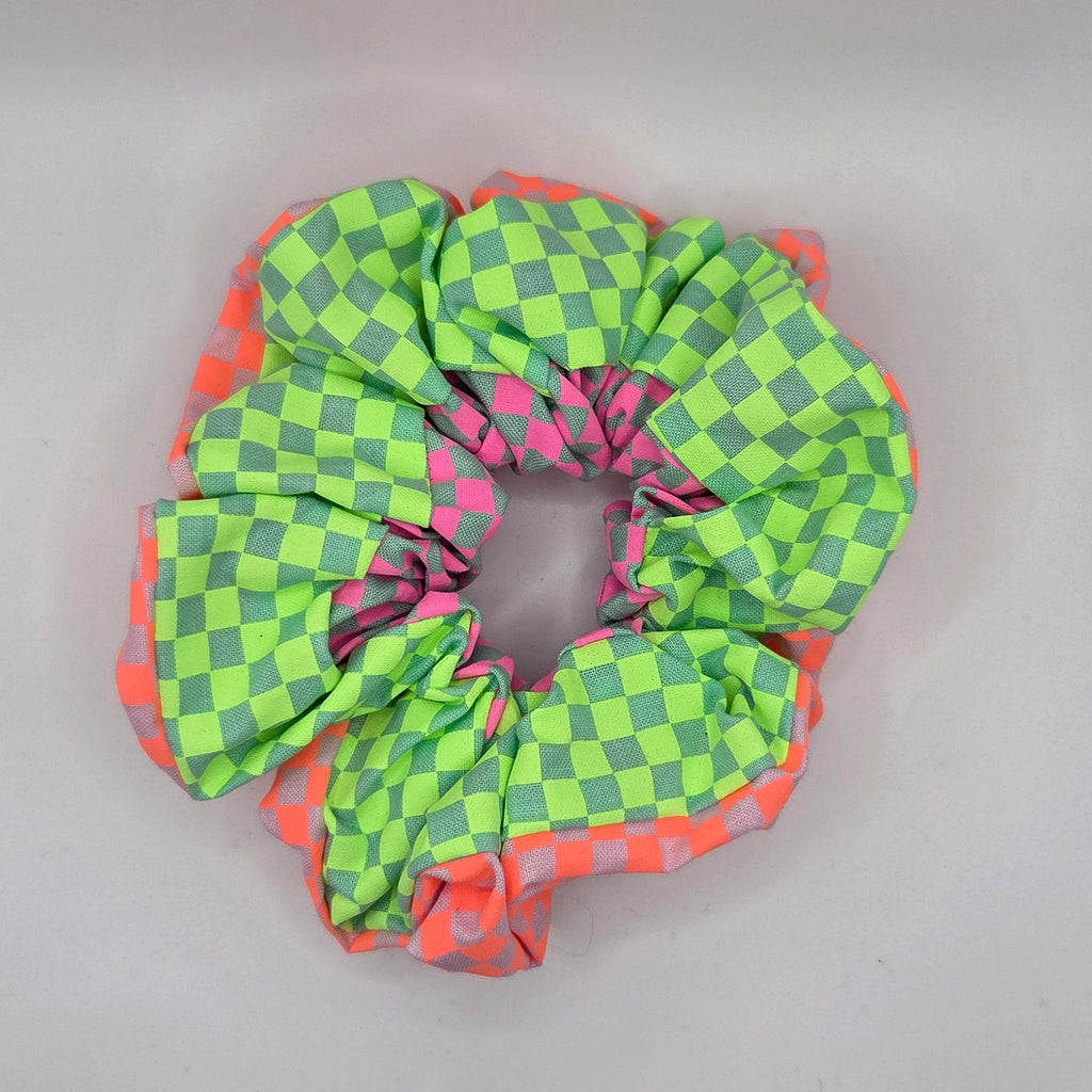 Triple Check 2 - Green Pink and Orange checked hair scrunchie