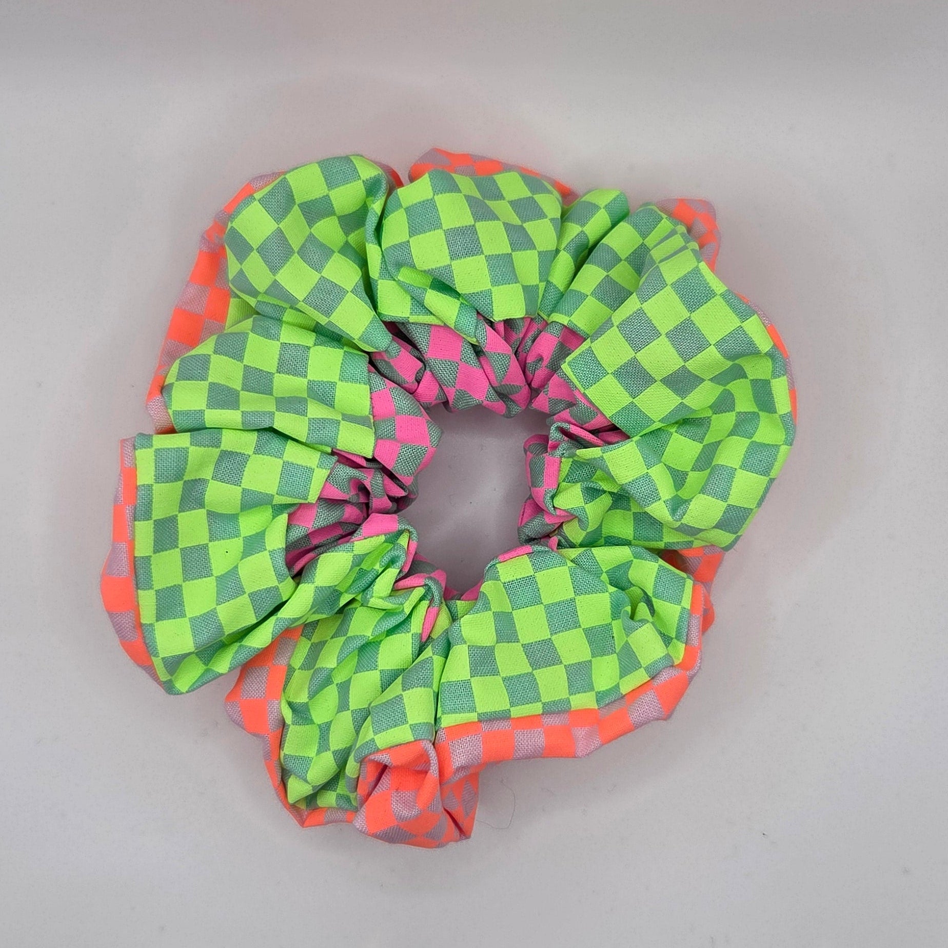Triple Check 2 - Green Pink and Orange checked hair scrunchie