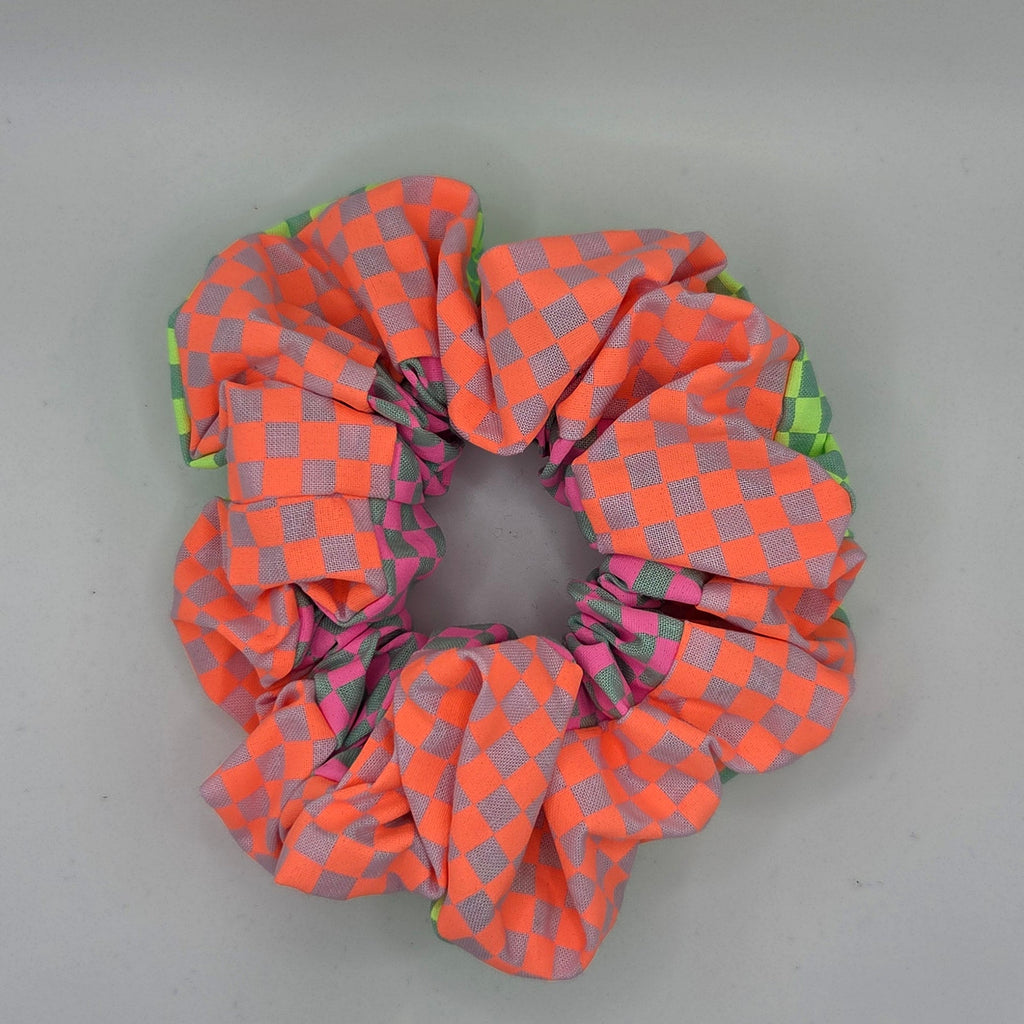 Triple Check 2 - Green Pink and Orange checked hair scrunchie