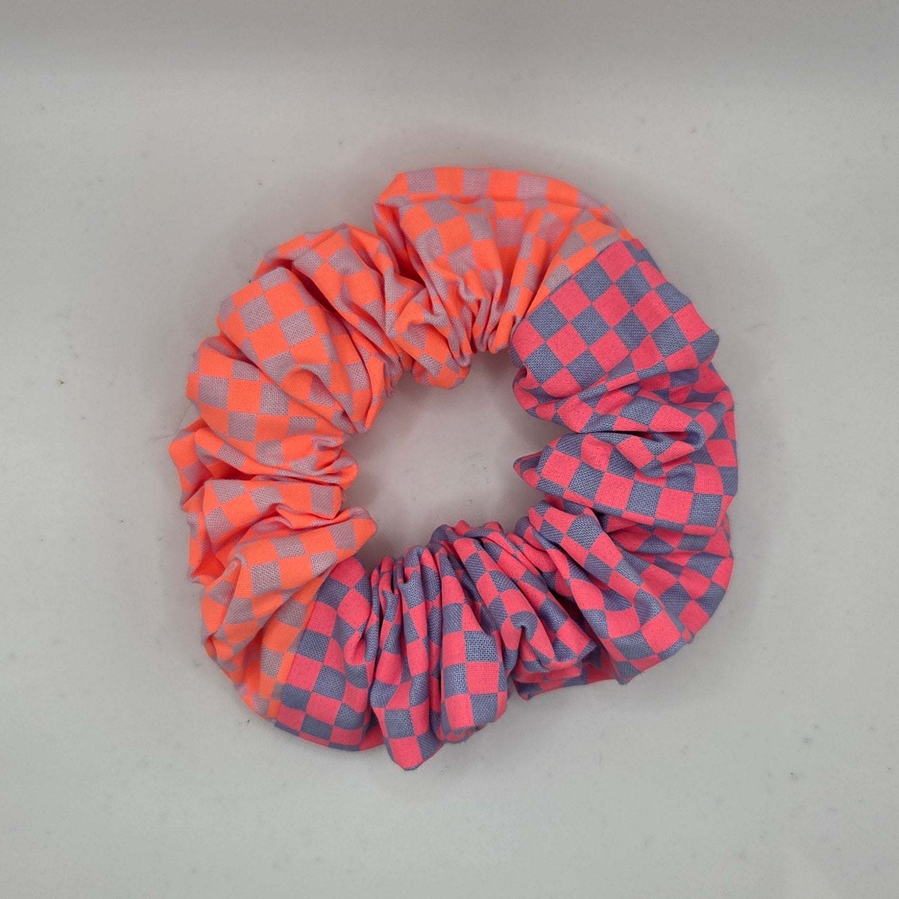 Double Check 4 - Orange pink and Blue contrast checked scrunchie