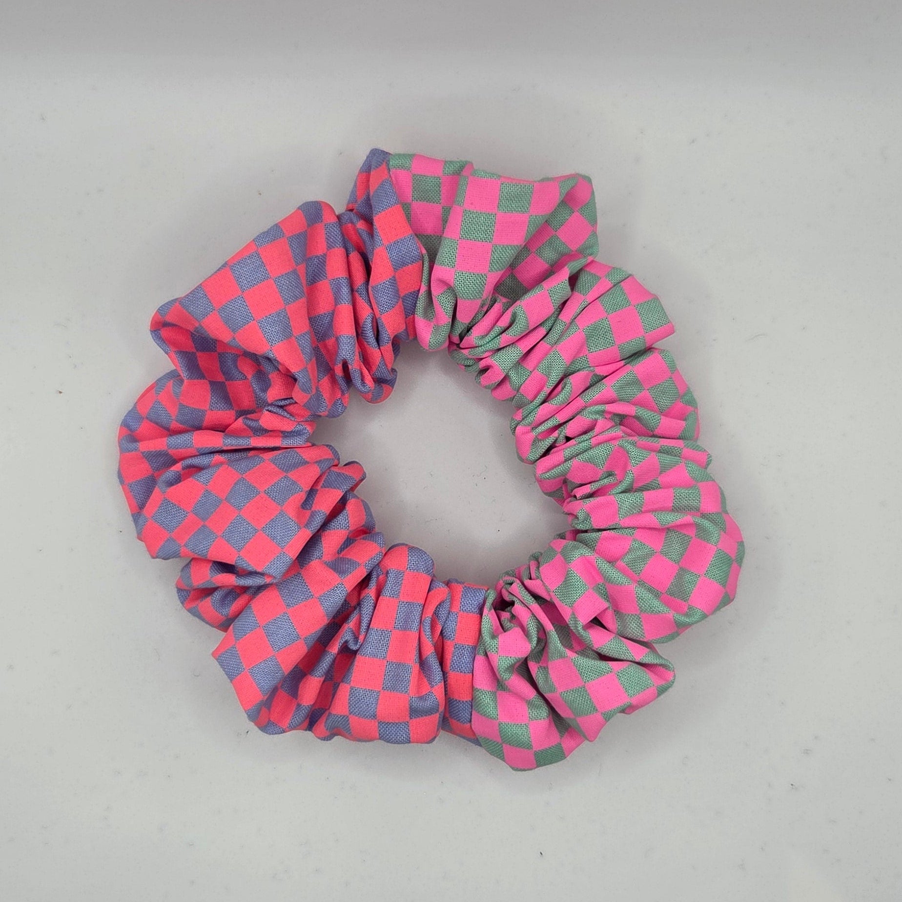 Double Check 3 - Pink Green and Blue Checked contrast Scrunchie